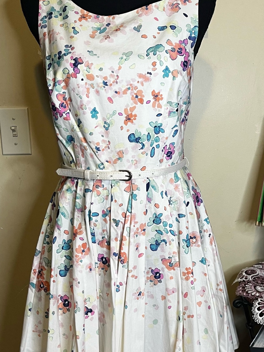 LC Lauren Conrad White Midi Dress with Multicolor Pastel Floral Print